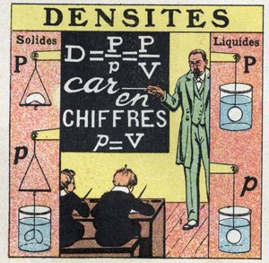 Flüssigkeitsgleichgewicht: Ein Lehrer unterrichtet Schüler in einem Klassenzimmer über die Dichte von Feststoffen und Flüssigkeiten. Anonyme Illustration von 1925. Private Sammlung.
