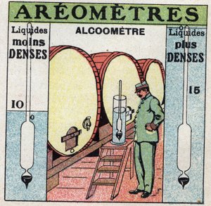 Flüssigkeitswaage: misst die Dichte eines Alkohols mit einem Alkoholometer (ein Aerometer für Alkohol). Anonyme Illustration von 1925. Private Sammlung.