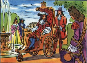 Ludwig XIV. bei der Promenade, der König von Frankreich Ludwig XIV. (1638-1715), sitzt in einem Rollstuhl und spaziert im Park von Versailles. Anonyme Illustration in „Collection des souverains et chefs d