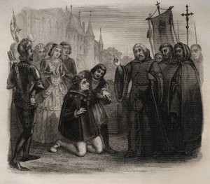 Ludwig XI. (1423-1483) bittet Franz von Paola (1416-1507) um Heilung. Gravur von 1846 in „Lives of the saints“. Private Sammlung.