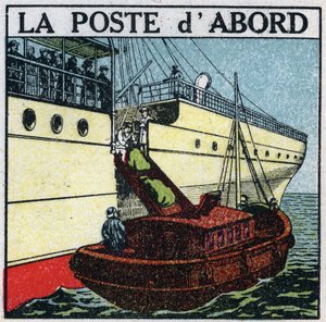 Post: Schiff liefert Post an Bord eines Liners. Anonyme Illustration von 1925. Private Sammlung.