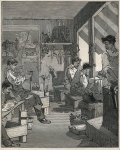 Herstellung von Kämmen in einer Werkstatt in Frankreich im 19. Jahrhundert. Gravur von 1885 in 