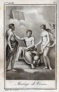 Heirat zwischen Mars und Venus. Gravur von 1819 in „Lettres à Emilie sur la mythologie“ von Charles Albert Demoustier (1760-1801). Private Sammlung