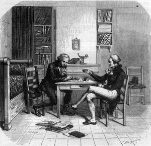 Maximilien de Robespierre 1758-1794, französischer Politiker, Mitglied des Wohlfahrtsausschusses mit Maurice Duplay in seinem Zimmer - Chambre de Maximilien de Robespierre chez Maurice Duplay (1736-1820) rue Saint-Honore a Paris - Gravur in „Histoire des G von Anonymous Anonymous