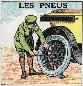 Mechanischer Antrieb: die Reifen eines Automobils. Anonyme Illustration von 1925. Private Sammlung.