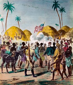 Treffen des Journalisten Henry Morton Stanley (1841-1904) und David Livingstone (1813-1873), britischer Arzt und Entdecker, am 10.11.1871 in Tansania. Gravur des 19. Jahrhunderts. Private Sammlung