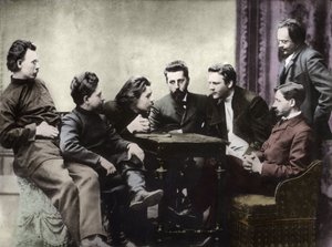 Mitglieder des Sreda-Literaturkreises, gebildet in der zweiten Hälfte der 1890er Jahre von russischen realistischen Schriftstellern - Porträts russischer Intellektueller der literarischen Gruppe Znanie: von links nach rechts, Andrei Skitalets (Stephan Gabr von Anonymous Anonymous