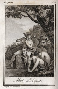 Merkur und Argus. Tod des Argus: Merkur spielte Flöte, um Argus einzuschläfern und die Nymphe Io zu befreien, die in eine Kuh verwandelt worden war. Gravur von 1819 in „Lettres a Emilie sur la mythologie“ von Charles Albert Demoustier (1760-1801) von Anonymous Anonymous