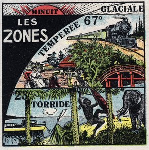 Meteorologie: Verteilung der Wärme auf der Erde und verschiedene Klimazonen (heiß, gemäßigt, polar). Anonyme Illustration von 1925. Private Sammlung.