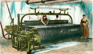 Webstuhl für mechanisches Weben in einer großen Fabrik. Gravur um 1860