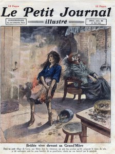 Verschiedenes: Dramatischer Tod eines jungen Mädchens, das vor ihrer gelähmten Großmutter lebendig verbrannt wurde. Illustration aus „Le petit journal illustrious“ vom 29.05.1921. Private Sammlung