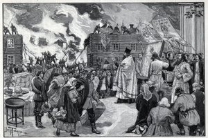 Moskau, Feuer im Vorort Kaluga: die orthodoxe Geistlichkeit präsentiert die Heiligen Bilder, um die Stadt zu schützen, und Feuerwehrleute bekämpfen das Feuer. Gravur in 