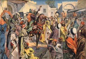 Mouley Hafid (Moulay-Hafid) wird in Fès zum Sultan ausgerufen: die öffentlichen Ausrufer verkünden der Menge die Proklamation. Gravur aus der Zeitung „Le Petite Parisien“, 26/01/1908. Private Sammlung.