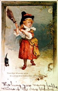Alte Frau, die Spinnweben vom Himmel fegte