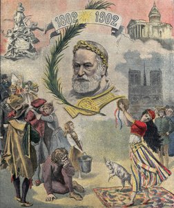 Eine Ausgabe von „Le petit journal“ zu Ehren des französischen Dichters und Schriftstellers Victor Hugo (1802-1885) zum hundertsten Geburtstag. Die Charaktere seiner Romane sind dargestellt (Esmeralda, Quasimodo, Cosette). 02/03/1902 Private Sammlung von Anonymous Anonymous