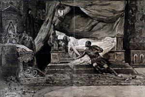 Otello tötet sich selbst neben dem Körper von Desdemona. Illustration der letzten Szene von Otello, Oper von Giuseppe Verdi