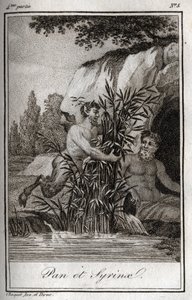 Pan und die Nymphe Syrinx, die in Schilfrohr verwandelt wird. Gravur von 1819 in „Lettres à Emilie sur la mythologie“ von Charles Albert Demoustier (1760-1801). Private Sammlung von Anonymous Anonymous