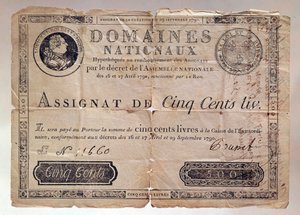Papier aus der Französischen Revolution: eine Zuweisung von 500 Pfund aus dem Jahr 1790. Private Sammlung von Anonymous Anonymous