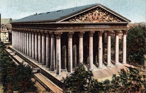 Paris: Außenansicht der Kirche La Madeleine, entworfen von Architekt Pierre Alexandre Vignon (1763-1828). Fotografie von 1920 im „Artistic Album“ der Stadt Paris. Private Sammlung.