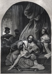 Paul III. (Papst von 1534 bis 1549) und seine Familie. Gravur von 1842 in „Histoire des popes: crimes, murders, poisonings, parricides, adulteres, incest...“ von Maurice Lachatre. Private Sammlung.
