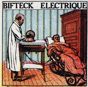 Physiologische Effekte der Elektrizität: elektrisches Steak. Behandlung eines Patienten durch das Durchleiten von Elektrizität durch seinen Körper mit blanken Metallelektroden. Anonyme Illustration von 1925. Private Sammlung.