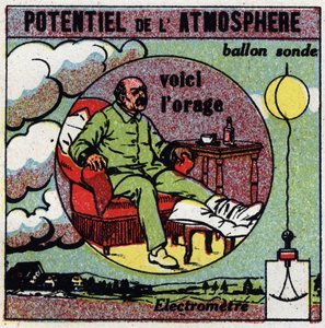 Physiologische Auswirkungen der Elektrizität: Potenzial der Atmosphäre. Ein Gichtkranker, der spürt, dass ein Sturm aufzieht, illustriert die Wirkung des elektrischen Feldes auf den menschlichen Körper. Wir messen die Elektrizität der Atmosphäre mit einem  von Anonymous Anonymous
