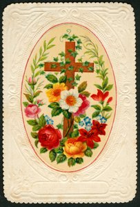 Andachtsbild: Kreuz mit Blumen (Chromolithographie)