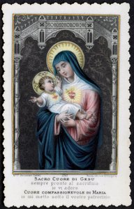 Andachtsbild: Jesus als Kind in den Armen seiner Mutter Maria, mit dem Heiligen Herzen (Stich) von Anonymous Anonymous