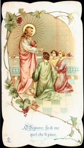 Andachtsbild: „Herr, mach mit mir, wie du willst“. Kommunionszeremonie. Chromolithografie Anfang des 20. Jahrhunderts. Private Sammlung von Anonymous Anonymous