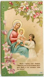Andachtsbild: Jungfrau mit Kind, ein frommes Mädchen nimmt Jesus in ihre Arme (Chromolithographie) von Anonymous Anonymous