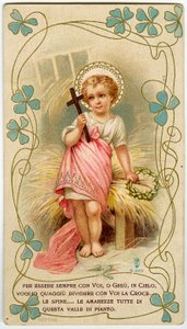 Frommes Bild: ein kleiner Junge, der das Kreuz und die Dornenkrone hält, um Jesu Schmerz zu teilen (Gravur)