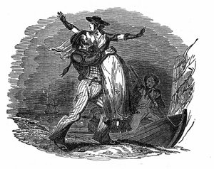 Pirat Charles Gibbs entführt ein niederländisches Mädchen von seinem Schiff (frühes 19. Jahrhundert). Gravur aus 