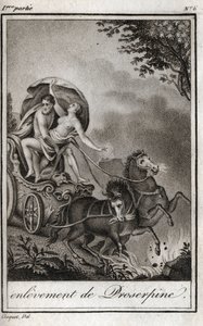 Pluto (Hades) nimmt Persephone (Proserpina) vor ihrer Mutter Ceres (Demeter) und bringt sie ins Reich der Unterwelt. Pluto entführt Persephone in sein Reich, die Unterwelt, in der griechischen Mythologie. Gravur von 1819 in „Lettres a Emilie sur la mytholo von Anonymous Anonymous