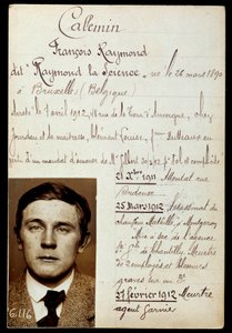 Polizeiblatt von Raymond Callemin, genannt Raymond la Science (1890-1913), Komplize von Jules Bonnot (Bande à Bonnot) mit der Liste seiner Verbrechen von Anonymous Anonymous