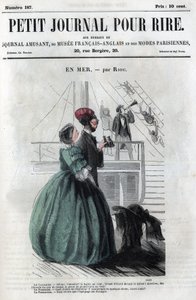Politische und soziale Karikatur während des Zweiten Kaiserreichs. „Auf See“: Ein Paar, das die Seemannssprache nicht kennt, denkt albern, dass die Besatzung seltsam ist. Gravur in „Petit Journal pour Rire“ von Anonymous Anonymous