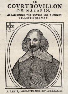 Politische Pamphlete Mazarinade (politisches Pamphlet unter der Schleuder), populäres Bild gegen Mazarin über seinen Rücktritt in Bouillon (Le court broth de Mazarin). Private Sammlung. von Anonymous Anonymous