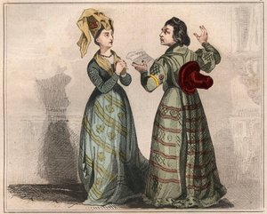 Porträt von Alain Chartier, französischer Diplomat und Schriftsteller (1385-1433), mit einer Dame des Hofes von Karl VI. Gravur von 1859 in „Le Monde. Geschichte aller Völker von den frühesten Zeiten bis zur Gegenwart“ von M. E. de Lostalot Bachoue (Lostal