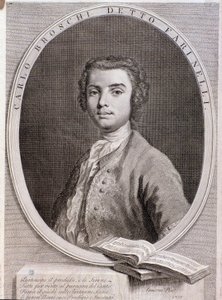 Porträt des italienischen Kastraten Carlo Broschi, genannt Farinelli. Gravur, 1735 von Anonymous Anonymous