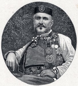 Porträt von Nikolaus I. von Montenegro (Nikola I Petrovic-Njegos) (1841-1921), Fürst von Montenegro und den Berda. Gravur in „Les Missions Catholiques au XIXeme Siecle“ von Louis-Eugene Louvet. Private Sammlung von Anonymous Anonymous