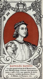Porträt des italienischen Renaissance-Malers Raffael (Raffaello Sanzio 1483-1520). Gravur von 1914. Private Sammlung.