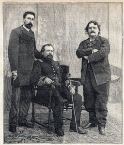 Porträt der drei „Akademiker“: Marius Tournade, Achille Le Roy und Maxime Lisbon (1839-1905), die die französische Akademie lächerlich machen wollten. Gravur in "Le Petit Parisien" am 4.06.1893.