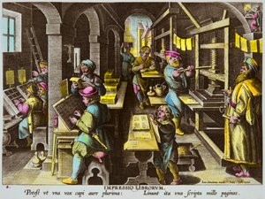 Drucker und typografischer Druck mit Armpressen um 1600 von Jan Van Der Straet (Giovanni Stradano oder Johannes Stradanus) (1523-1605), Private Sammlung