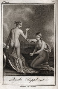 Psyche bettelt. Gravur von 1819 in „Lettres à Emilie sur la mythologie“ von Charles Albert Demoustier (1760-1801). Privatsammlung.
