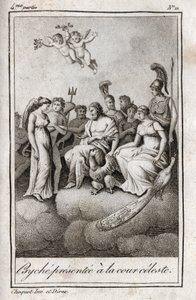 Psyche wird dem himmlischen Hof vorgestellt. Gravur von 1819 in „Lettres à Emilie sur la mythologie“ von Charles Albert Demoustier (1760-1801). Private Sammlung