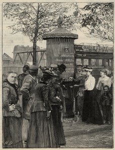 Öffentliche Hygiene: Einwohner von Paris nutzen einen der gefilterten Trinkbrunnen im 15. Arrondissement. Diese Brunnen haben einen Chamberland-Pasteur-Filter. Gravur in „Le monde illustré“ von 1892. Private Sammlung. von Anonymous Anonymous