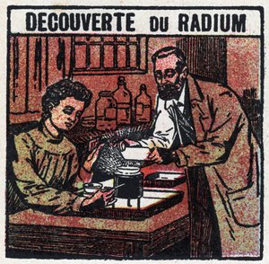 Radium: Entdeckung des Radiums durch Pierre (1859-1906) und Marie Curie (1867-1934) im Jahr 1898. Anonyme Illustration von 1925. Private Sammlung.