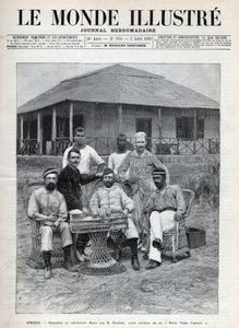 Empfang von Leutnant Mizon durch Frederick Bedford (1838-1913), Generalagent der Royal Niger Company. Der französische Entdecker Louis Alexandre Antoine Mizon (1853-1899) während seiner Reise nach Westafrika. Eine Zeitung. Gravur in „Le monde illustré“ von