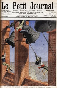 Religiöser Brauch in Andalusien: Die Glocke läutet am Ostertag an der Giralda von Sevilla in Spanien. Gravur in der Schlagzeile des Petition Journals