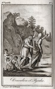 Darstellung von Deukalion und Pyrrha, die einzigen Überlebenden nach der Sintflut, die Zeus verursacht hat, um die Menschheit zu zerstören. Themis nach der Sintflut fordert sie auf, mit bedecktem Kopf hinter sich die Knochen ihrer Mutter (die Steine der Er von Anonymous Anonymous