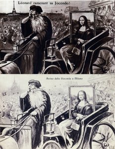 Darstellung von Leonardo da Vinci, der die Mona Lisa nach dem Diebstahl durch Vincenzo Peruggia zurückbringt. Postkarte von Anonymous Anonymous